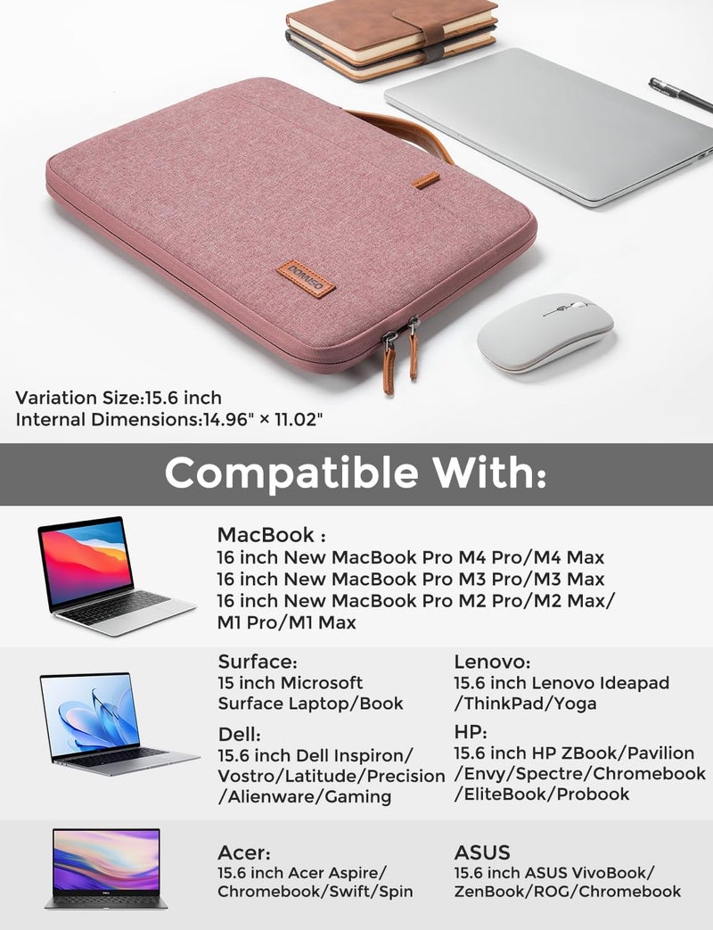 DOMISO 15.6 inch Laptop Case Sleeve Protective Cover Compatible with 16 inch MacBook Pro M4 M3 M2/Pro Max,15.6-16 inch HP Dell ASUS Lenovo Chromebook,Waterproof Computer Cases Bag with Handle,Pink - Image 2